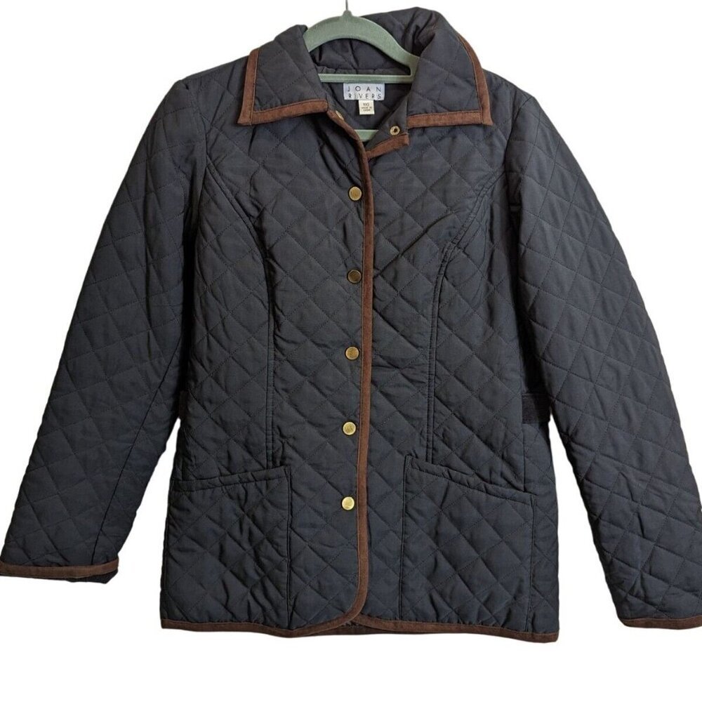 Joan Rivers Jacket Women size XXS Black Brown Quilted Button Front Collared Poly